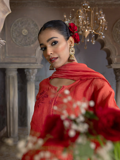 Rust orange mul chanderi thread with mirror and sequence embroidery kurta set