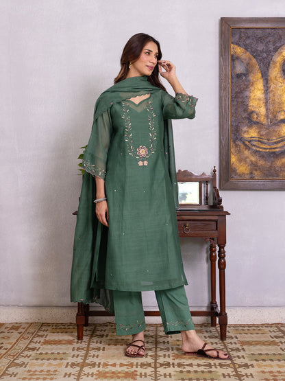 Green mul chanderi gota with thread embroidery kurta set