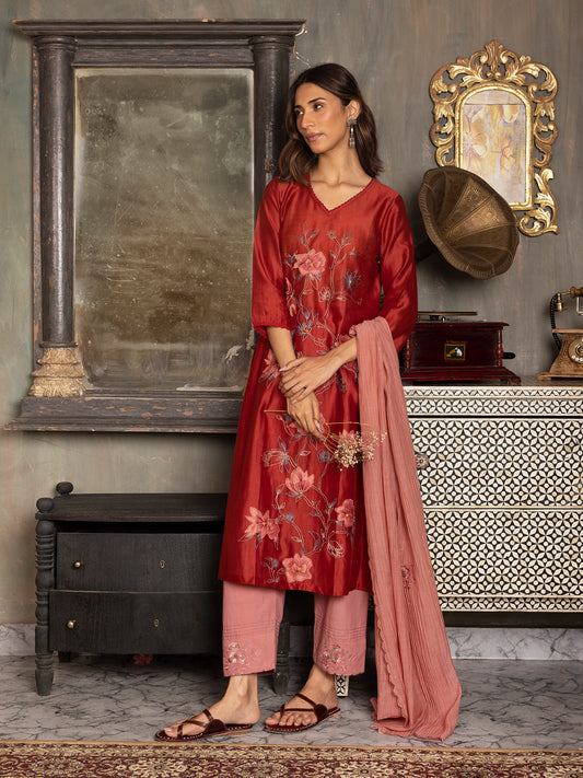 Red silk chanderi thread and fabric cutwork work kurta set