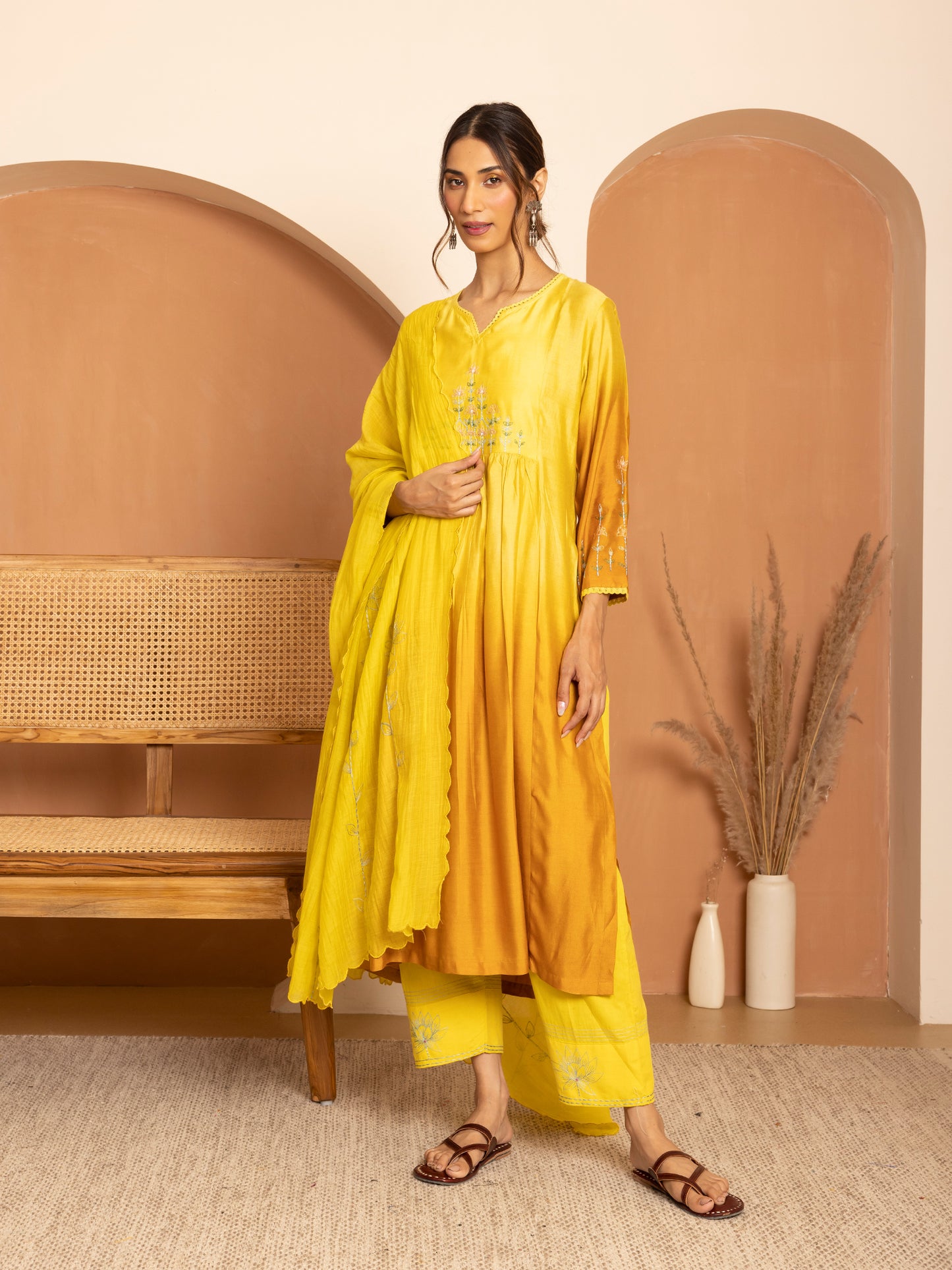light lemon yellow and dark yellow bamboo silk ombrey with thread and bead embroidery kurta