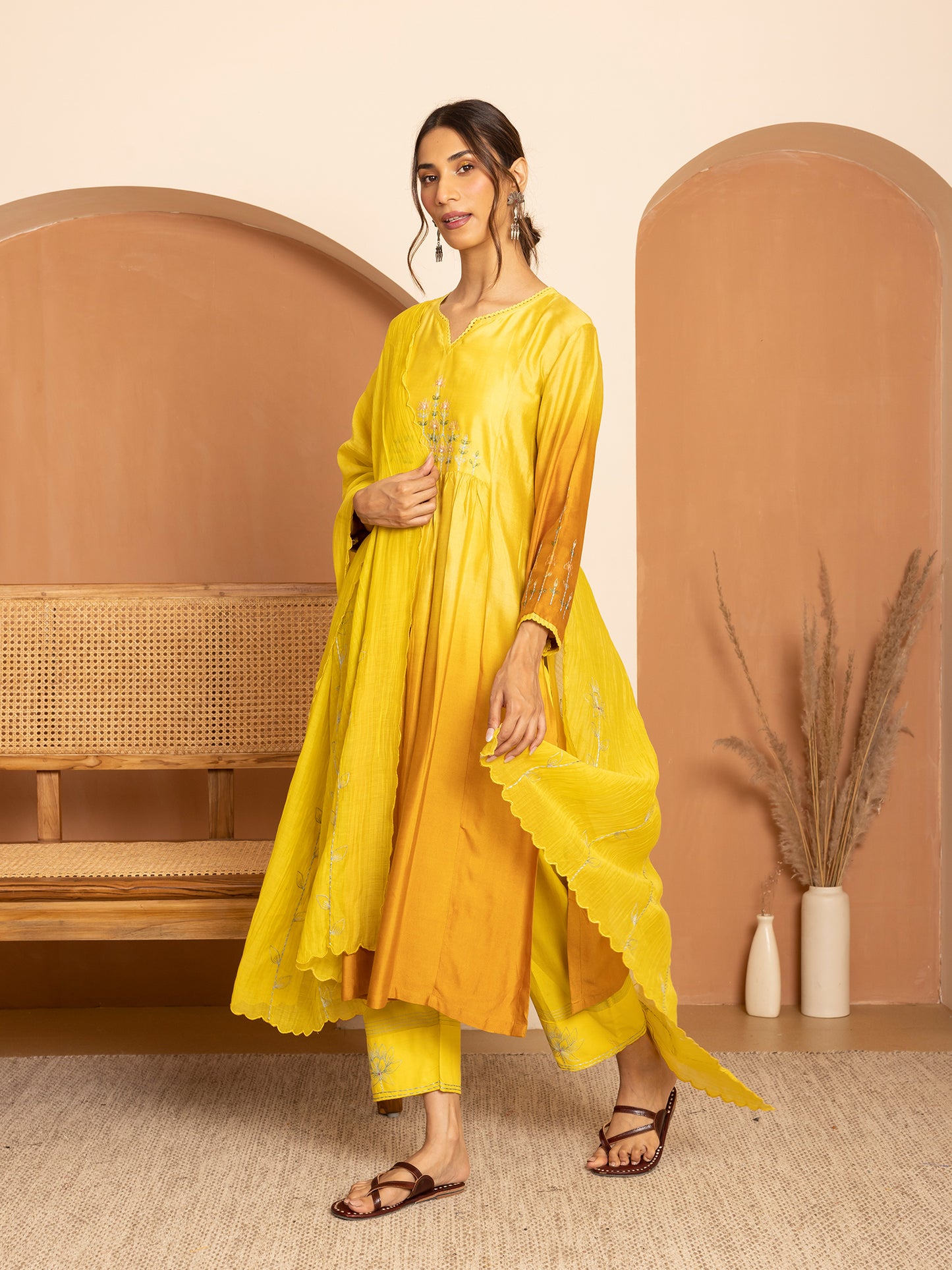 light lemon yellow and dark yellow bamboo silk ombrey with thread and bead embroidery kurta