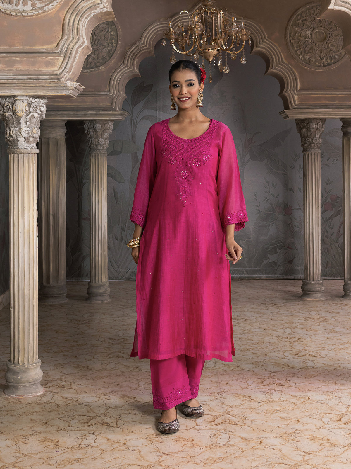 Rani pink mul chanderi thread with mirror and sequence embroidery kurta