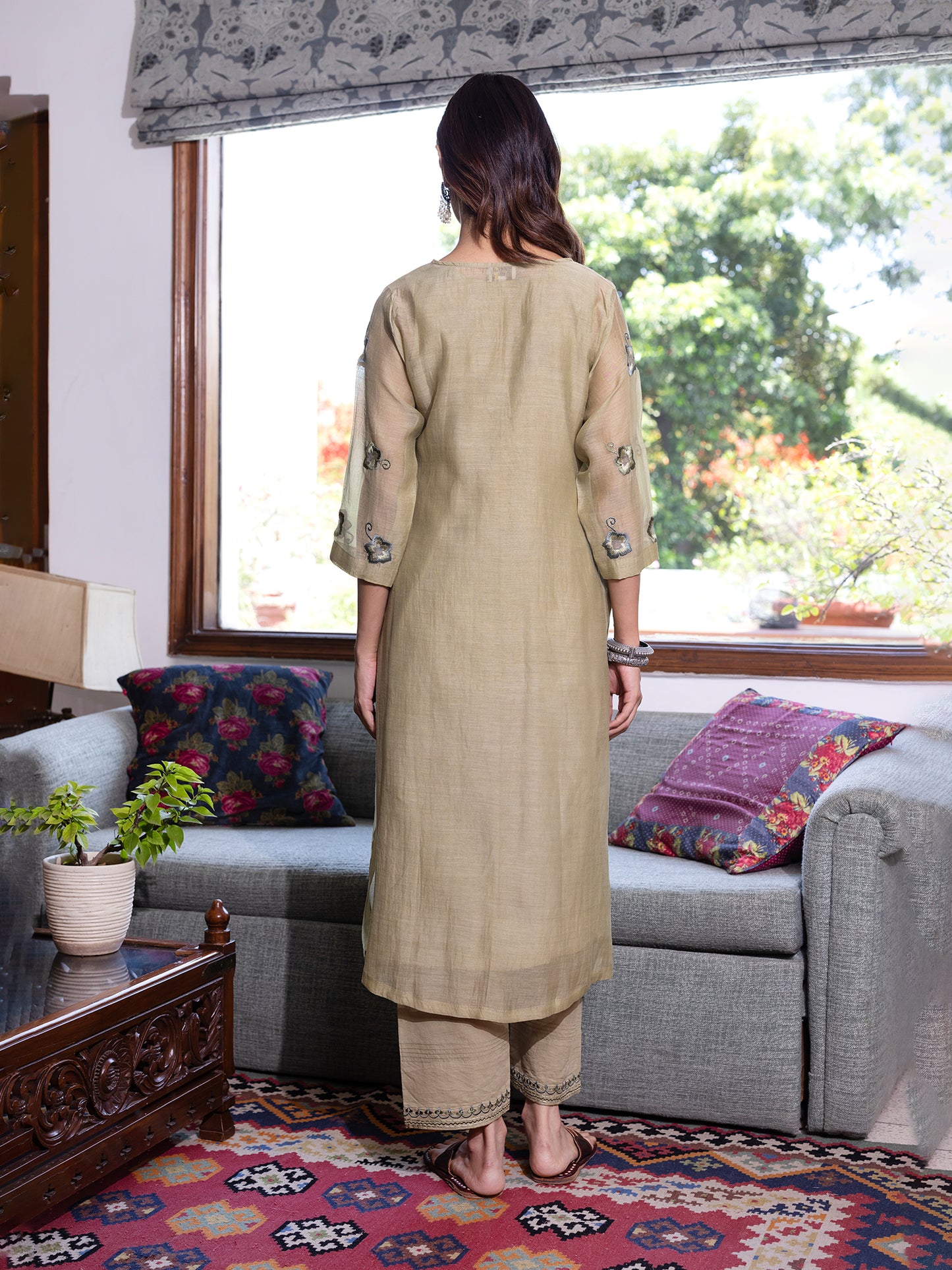 Sage green mul chanderi  thread with sequence and bead work kurta set