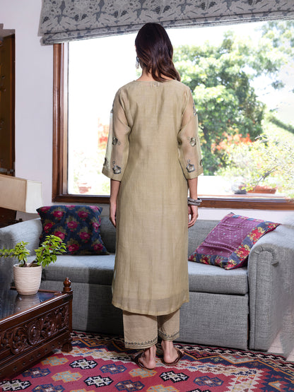 Sage green mul chanderi  thread with sequence and bead work kurta set
