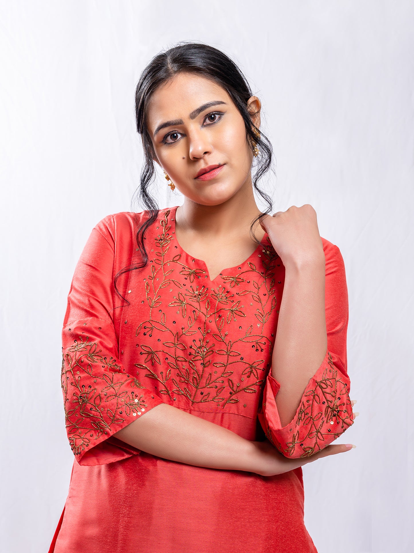 Coral cotton silk aari hand embroidery kurta set