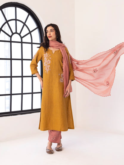 Yellow linen thread and fabric cutwork kurta set