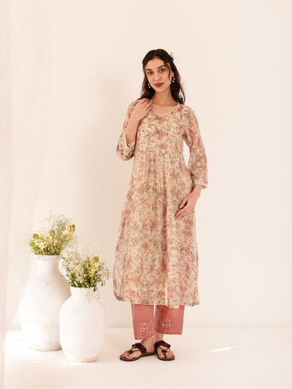 Off white and pink floral printed mul chanderi beadwork kurta set