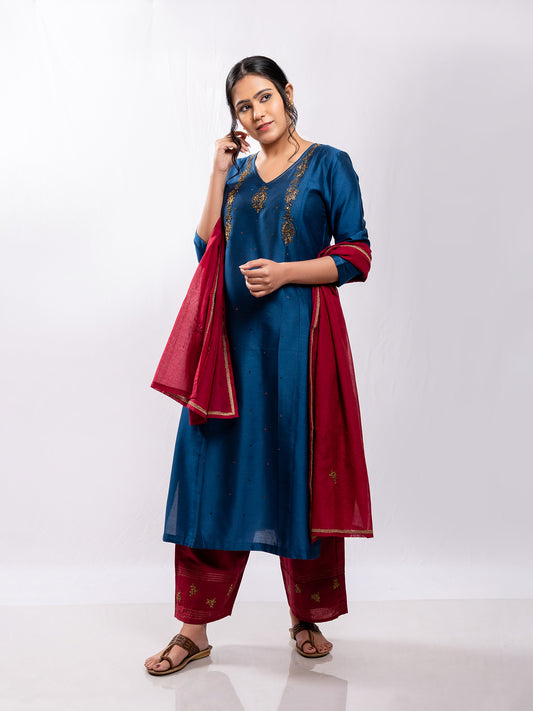 navy blue cotton silk aari hand embroidery kurta set
