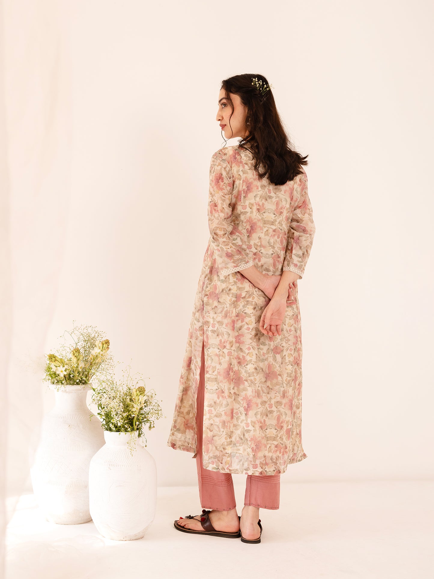 Off white and pink floral printed mul chanderi beadwork kurta set