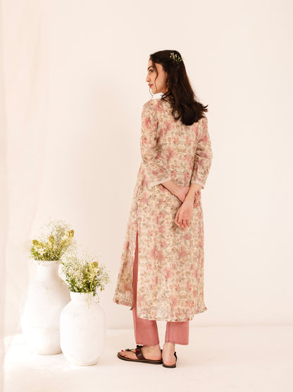 Off white and pink floral printed mul chanderi beadwork kurta set