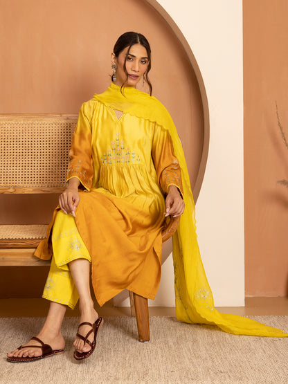 light lemon yellow and dark yellow bamboo silk ombrey with thread and bead embroidery kurta