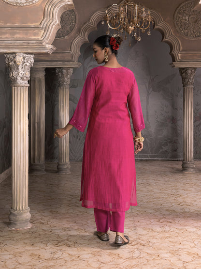 Rani pink mul chanderi thread with mirror and sequence embroidery kurta