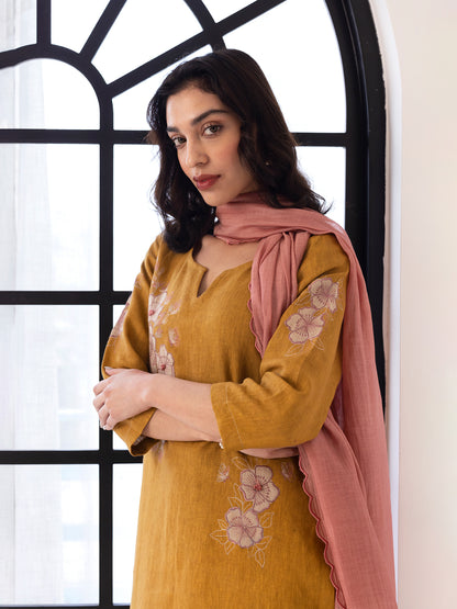 Yellow linen thread and fabric cutwork kurta set