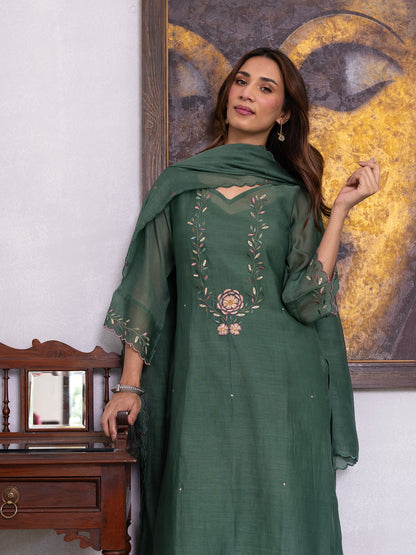 Green mul chanderi gota with thread embroidery kurta set