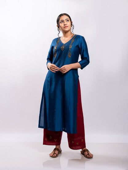 navy blue cotton silk aari hand embroidery kurta