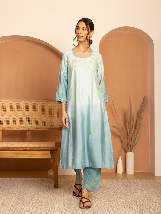 light blue and sea blue ombrey bamboo silk with thread and bead embroidery kurta