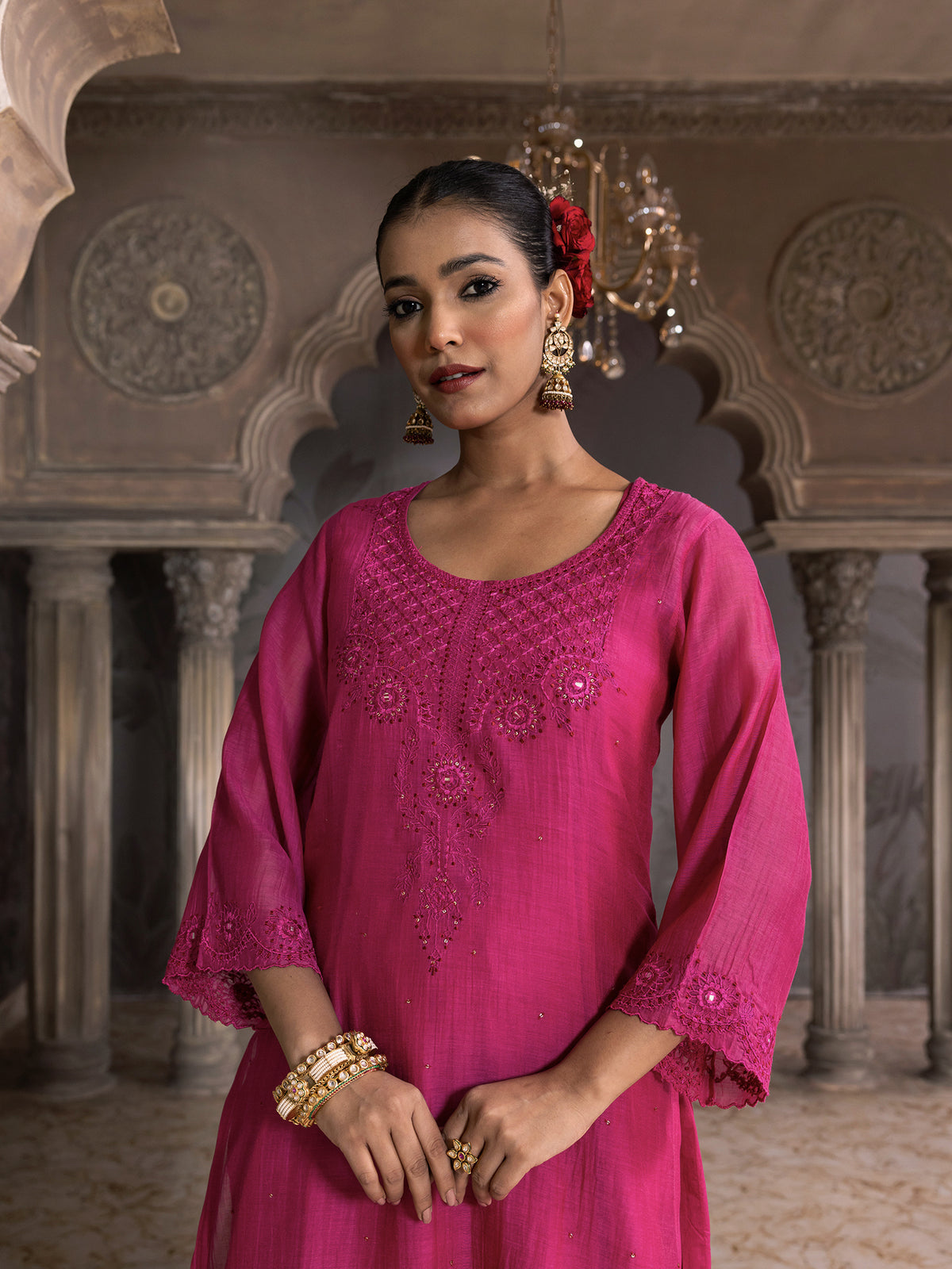 Rani pink mul chanderi thread with mirror and sequence embroidery kurta