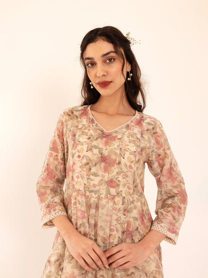 Off white and pink floral printed mul chanderi beadwork kurta set