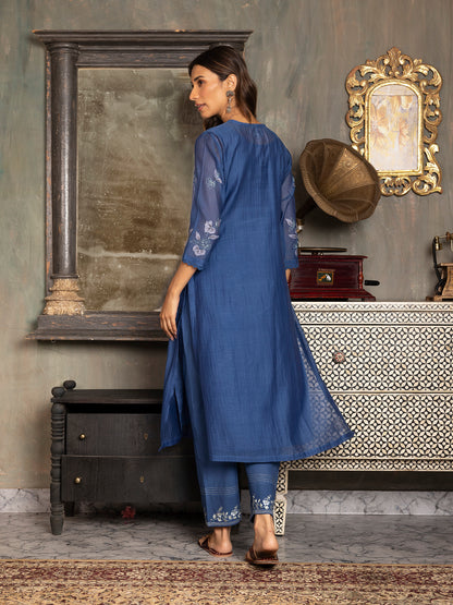 Navy blue mul chanderi  thread and fabric cutwork kurta set