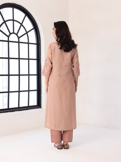 Old rose linen thread and fabric cutwork kurta