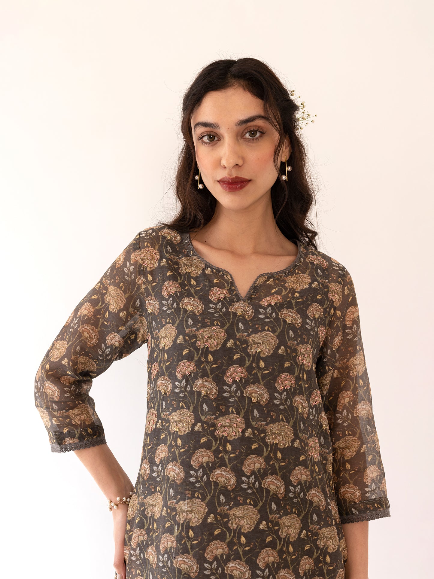 Charcoal floral printed mul chanderi beadwork kurta set