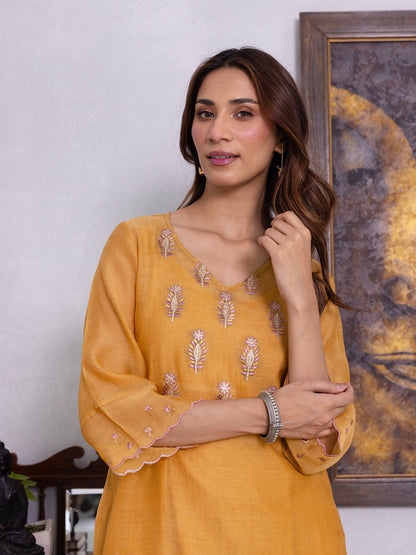 Mustard yellow mul chanderi gota with thread embroidery kurta set