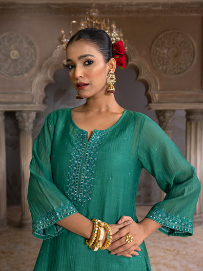 Bottle green mul chanderi thread with mirror and sequence embroidery kurta