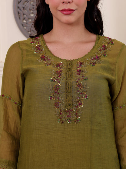 Mehndi green mul chanderi beadwork kurta