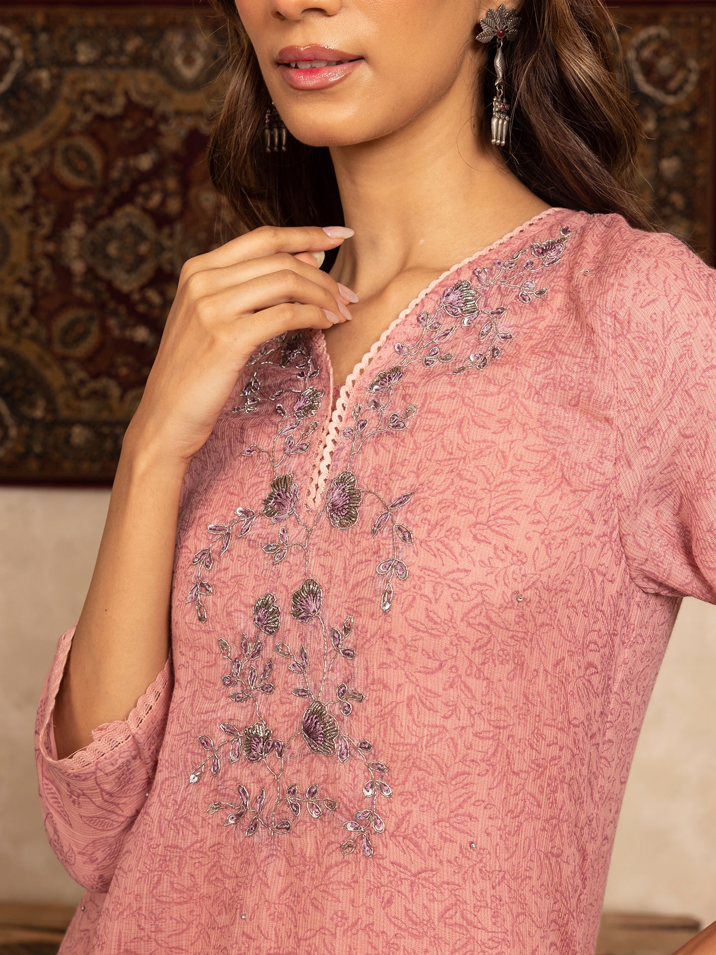 Pink hand block print kota cotton with zardozi hand embroidery kurta set