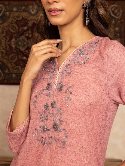 Pink hand block print kota cotton with zardozi hand embroidery kurta set