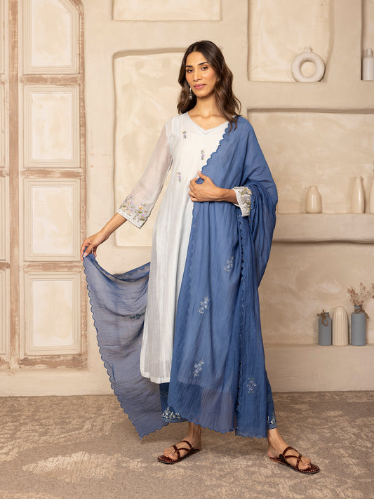 Light sky blue mul chanderi thread with crochet hand embroidery kurta set
