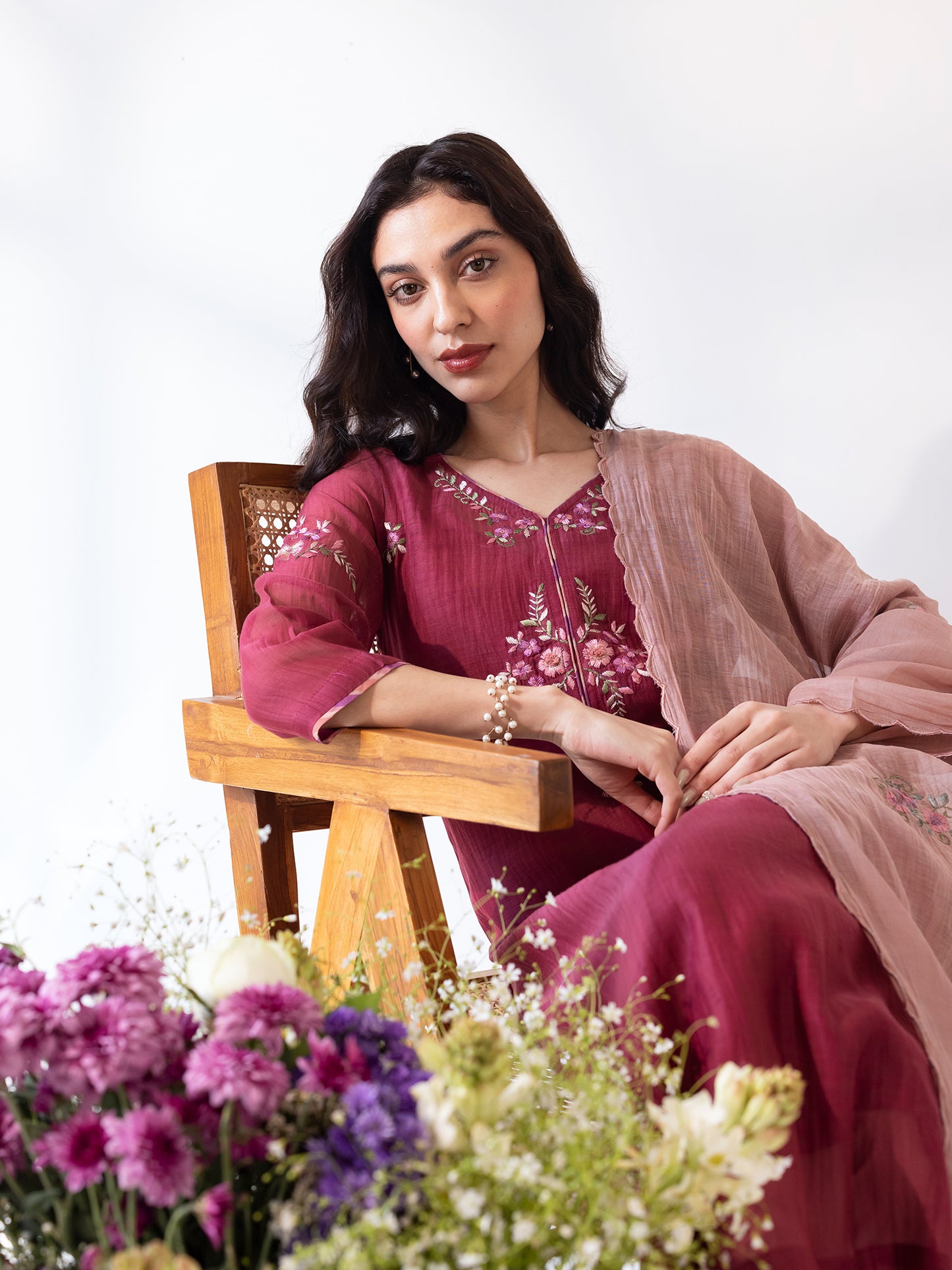 Burgundy mul chanderi thread work kurta set