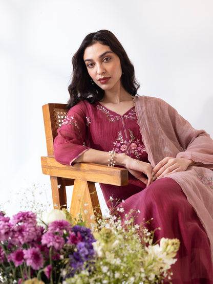 Burgundy mul chanderi thread work kurta set