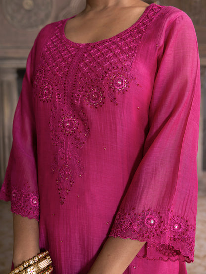 Rani pink mul chanderi thread with mirror and sequence embroidery kurta