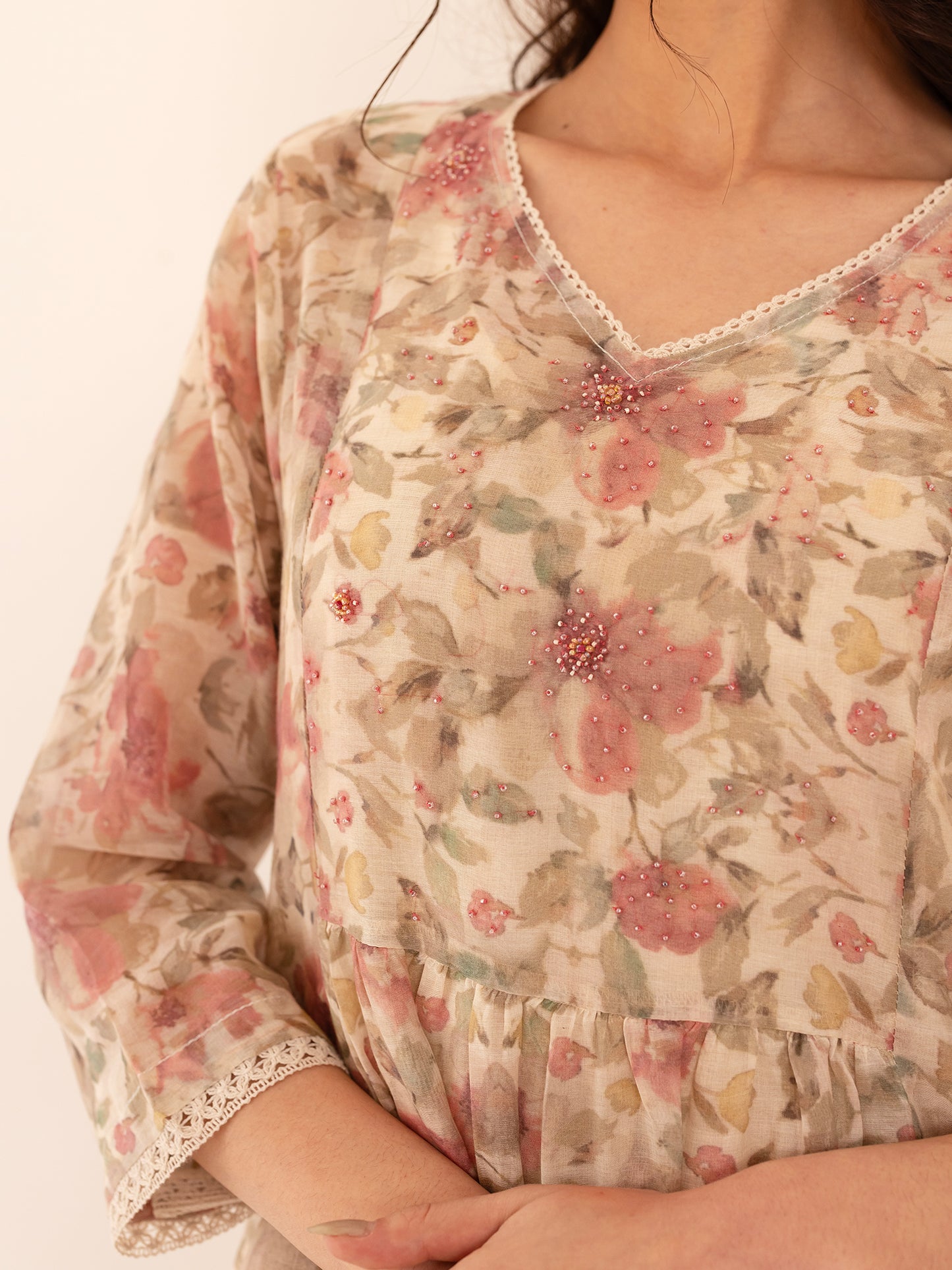 Off white and pink floral printed mul chanderi beadwork kurta set