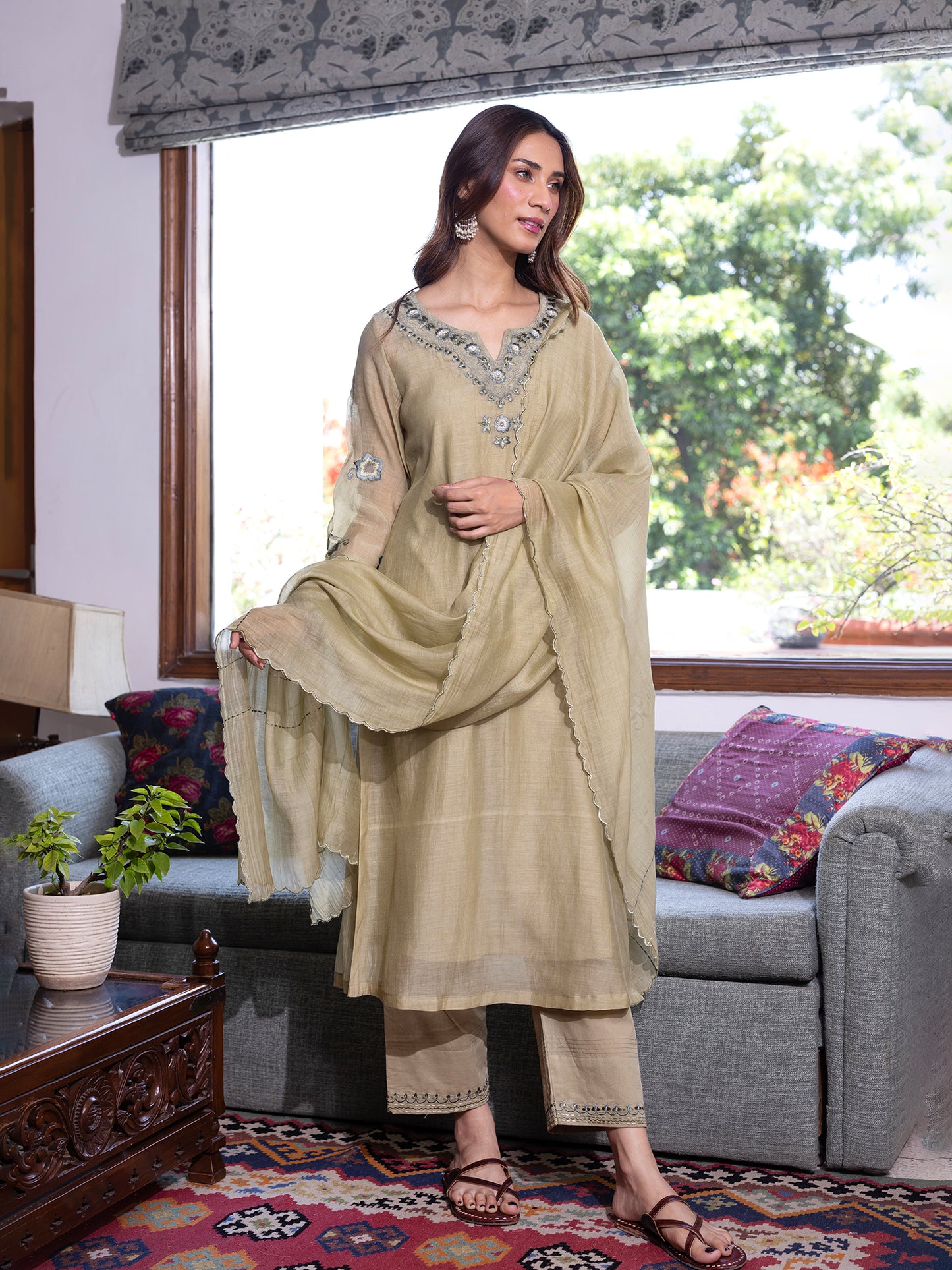 Sage green mul chanderi  thread with sequence and bead work kurta set