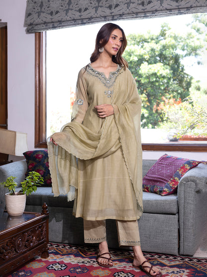 Sage green mul chanderi  thread with sequence and bead work kurta set