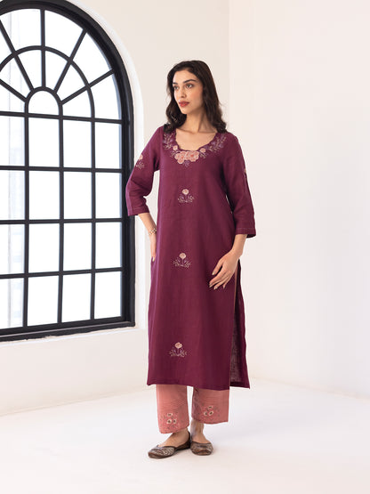 Wine linen thread and fabric cutwork kurta