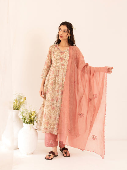 Off white and pink floral printed mul chanderi beadwork kurta set