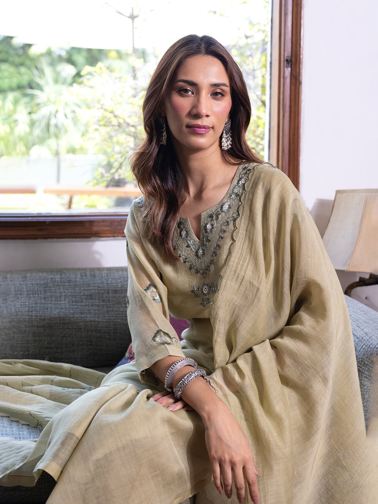 Sage green mul chanderi  thread with sequence and bead work kurta set