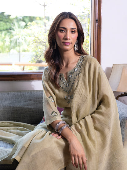 Sage green mul chanderi  thread with sequence and bead work kurta set