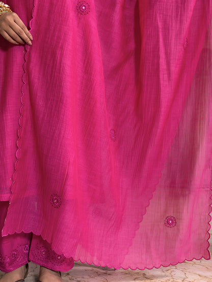Rani pink mul chanderi thread with mirror work dupatta