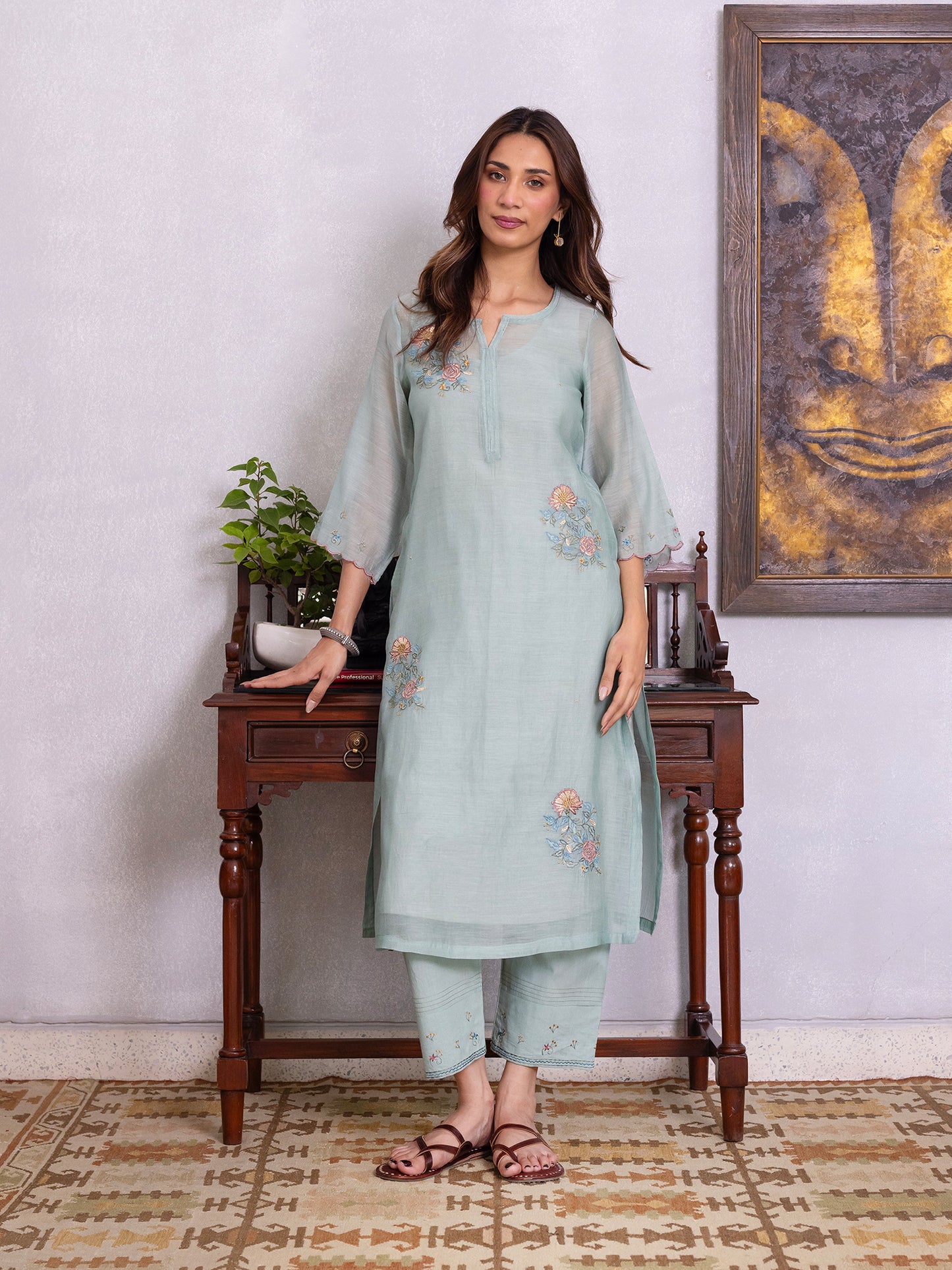 Light blue mul chanderi gota with thread embroidery kurta set