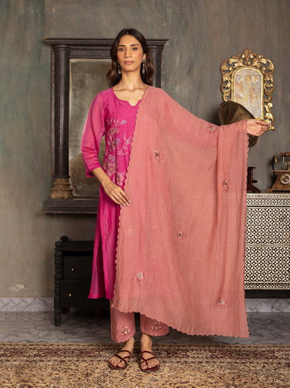 Rani pink mul chanderi thread and fabric cutwork work kurta