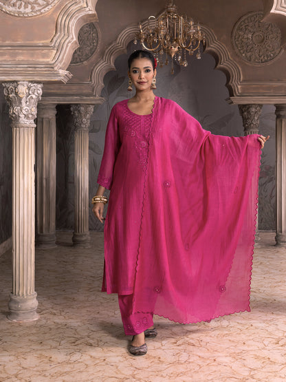 Rani pink mul chanderi thread with mirror work dupatta