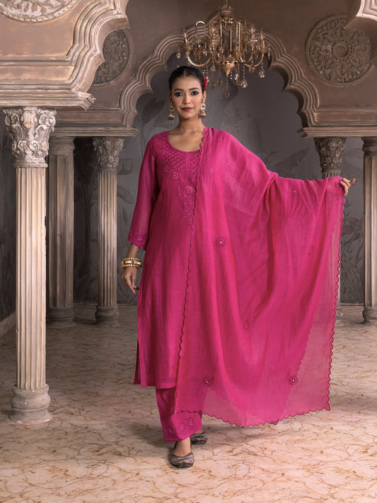 Rani pink mul chanderi thread with mirror work dupatta