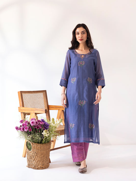 Blue mul chanderi threadwork and fabric kurta