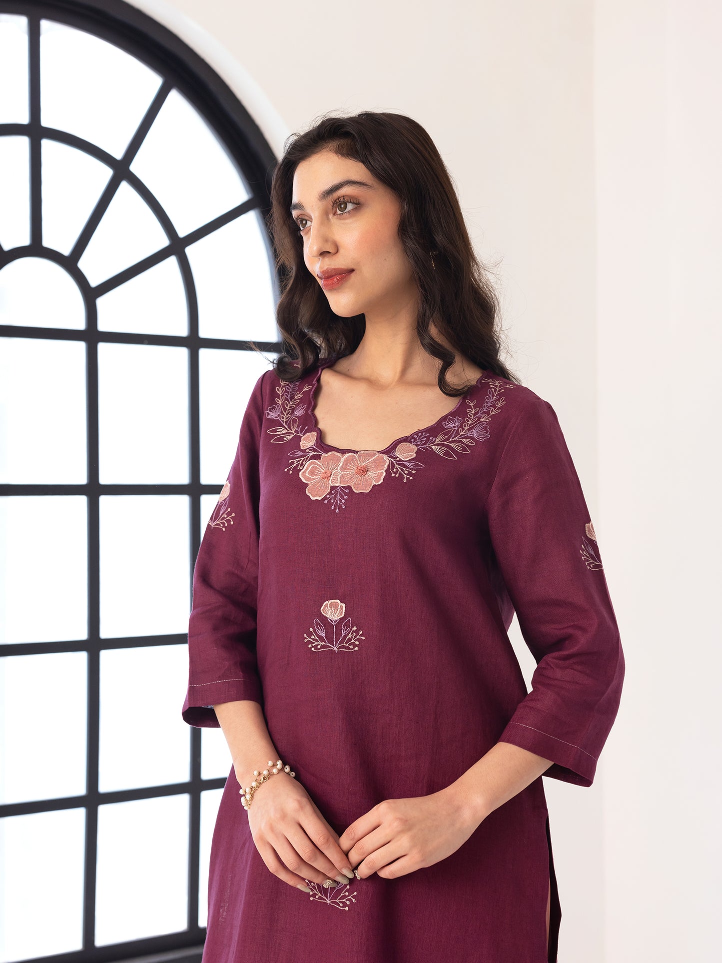 Wine linen thread and fabric cutwork kurta