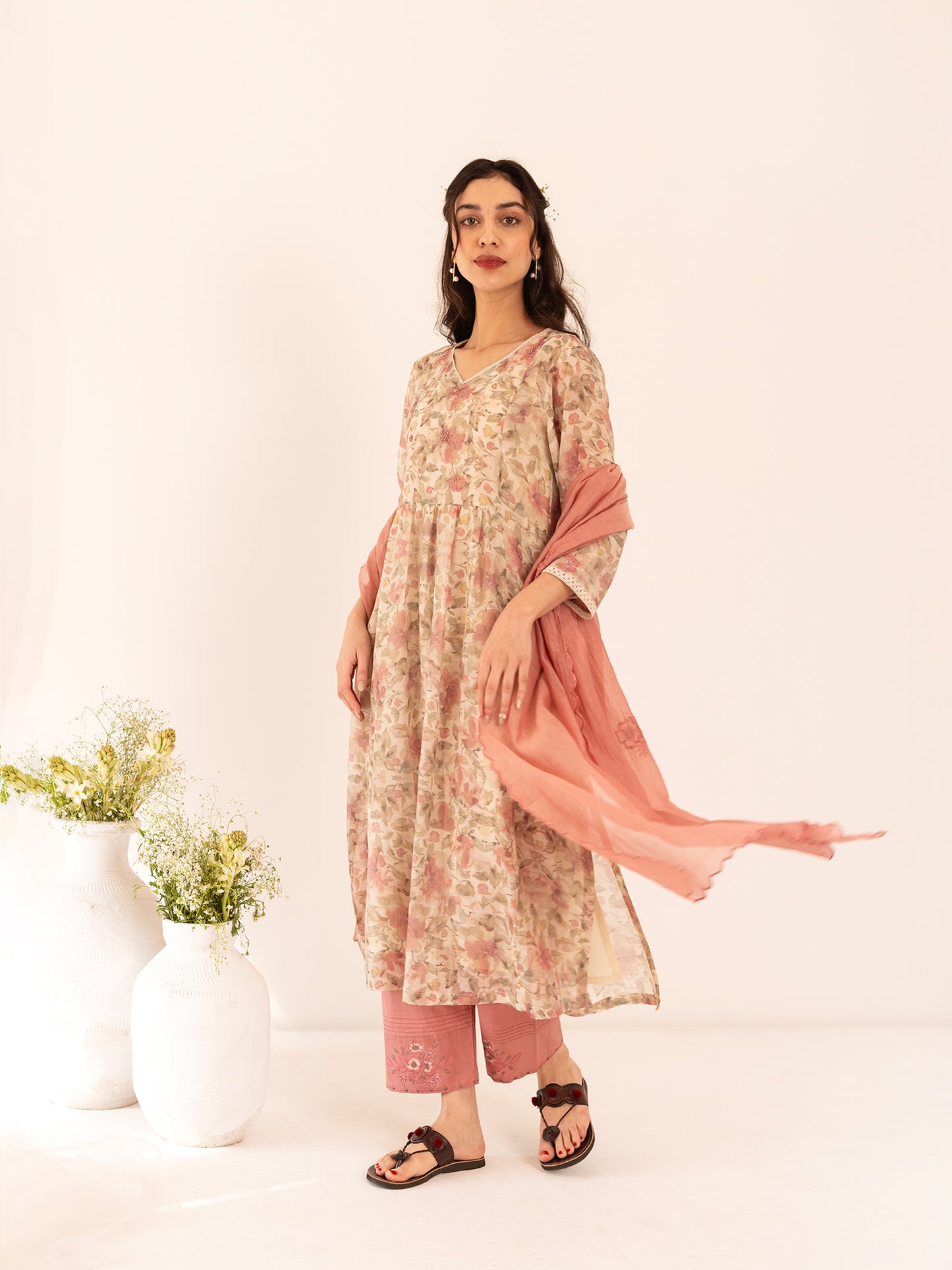 Off white and pink floral printed mul chanderi beadwork kurta set