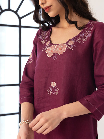 Wine linen thread and fabric cutwork kurta